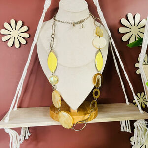 New York & Company Yellow Statement Necklace | Gold Tone Long Chain | Acrylic